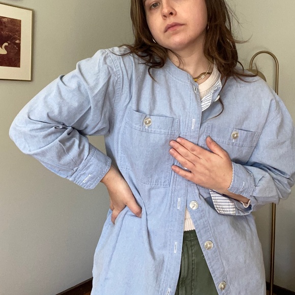 Vintage Chambray Collarless Smock Oversized Button Down - Picture 5 of 11